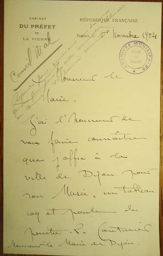 4R1-18-Lettre de Gaston Joliet au Maire de Dijon, pour un don au Musée, 1er novembre 1904(1)
