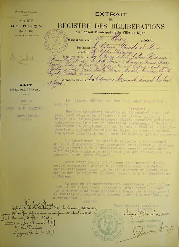 4R1-18-Extrait du registre des délibérations du Conseil Municipal, 24 mars 1905, Legs de M. Mazeau