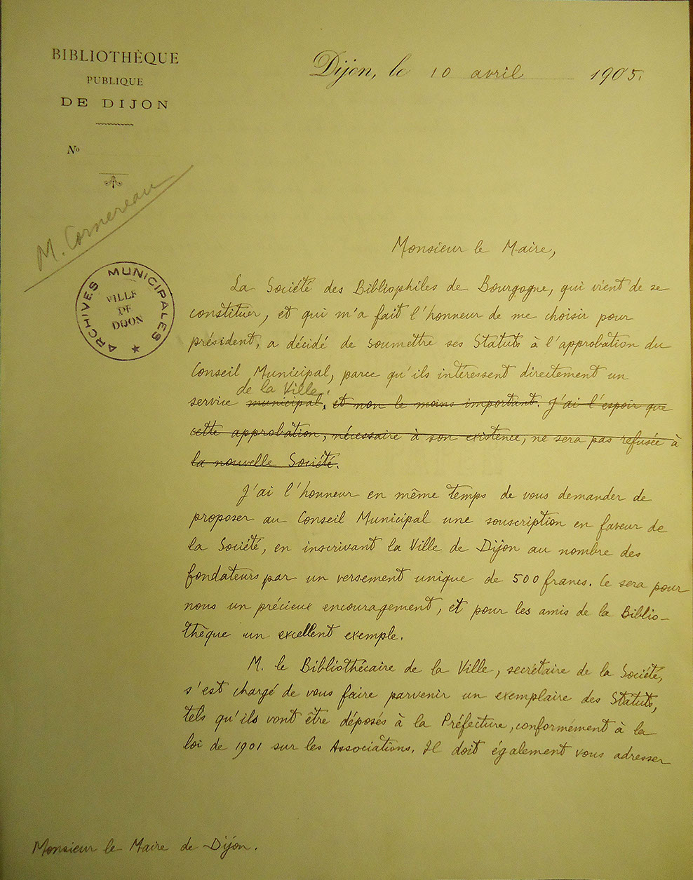 Lettre du Président de la Société au Maire de Dijon, 10 avril 1905