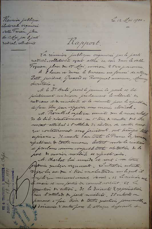 Rapport du 12 mai 1900 sur une réunion publique