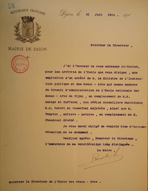 Lettre du maire Barabant au directeur de l'Ecole des Beaux-Arts de Dijon, 21 juin 1904